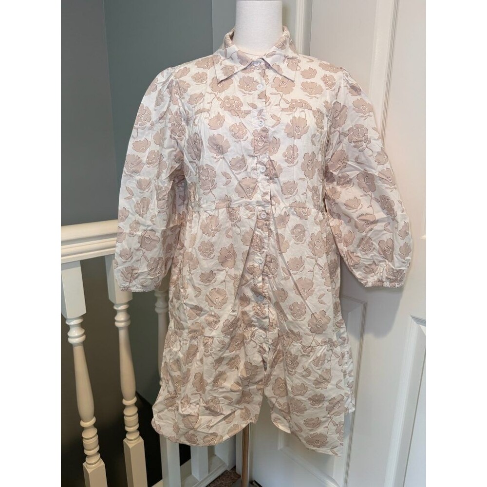 Shop the Mint Cotton Floral Babydoll Shirt Dress Womens L Cream Tan Tiered